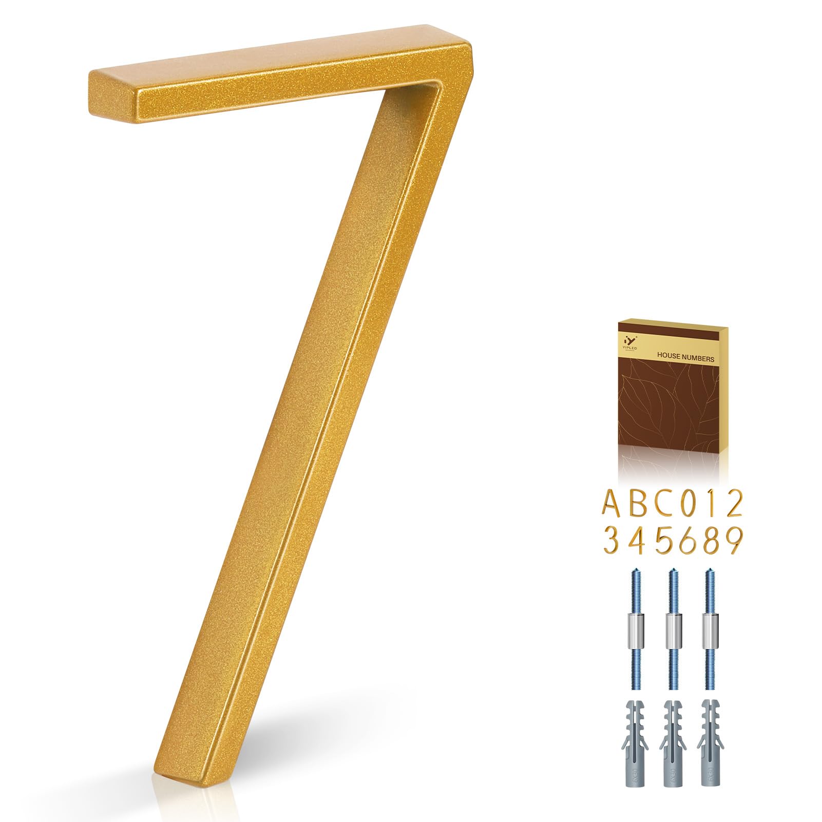 Photo 1 of YIPLED 5 Inch House Numbers for Outside, Metal Address Number 7 - Modern Design, Weather-Resistant Gold Powder Coated Finish, No Fading (Gold)