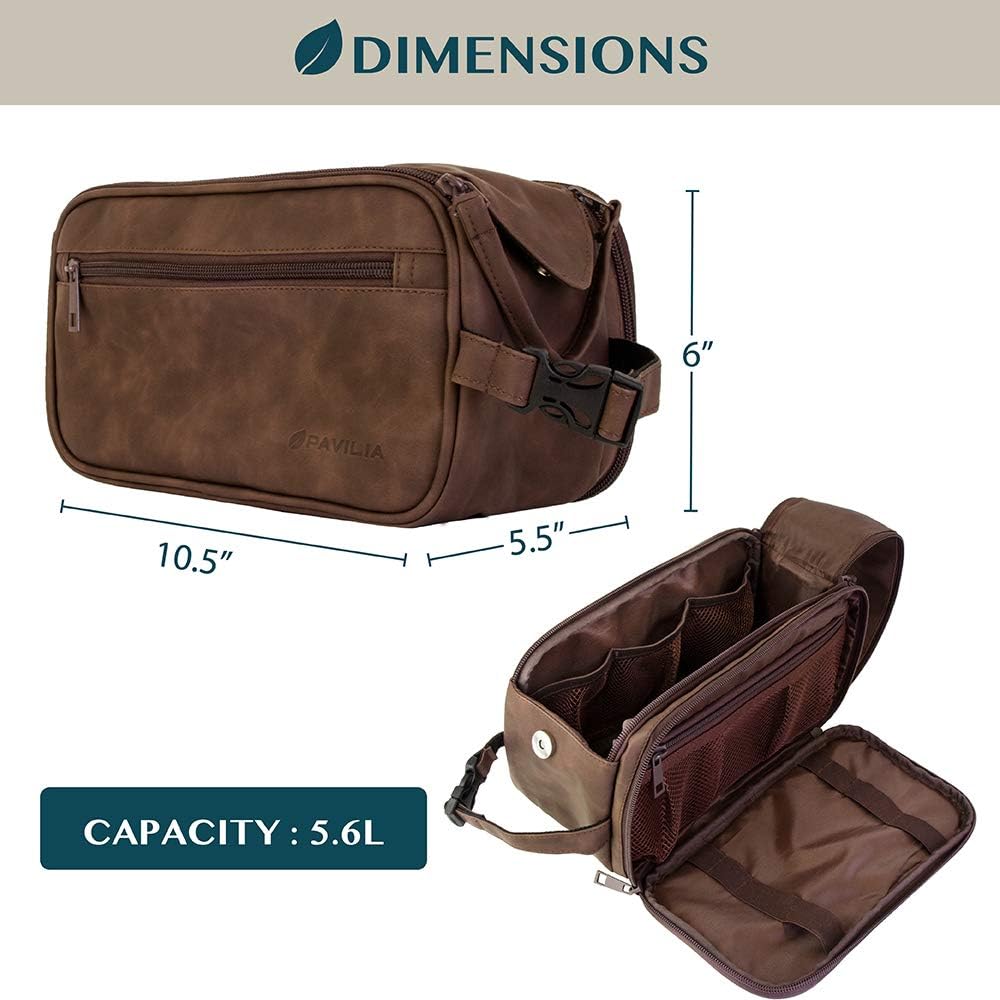 PAVILIA Toiletry Bag for Men, Travel Toiletries Bag | Water-resistant Dopp Kit, PU Leather Shaving Bag Organizer for Toiletry Accessories, Grooming, Hygiene, Cosmetic (Brown): Clothing