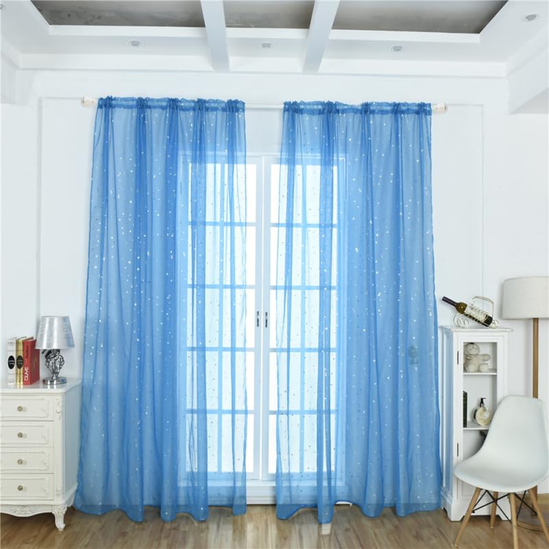 Homoyoyo Blue Star Glitter Voile Curtain Panel,Star Voile Curtain Panel, Sheer Glitter Tulle Net Curtains for Home Bedroom Kids Room Cafe Decor Light Filtering Curtains 100x200CM
