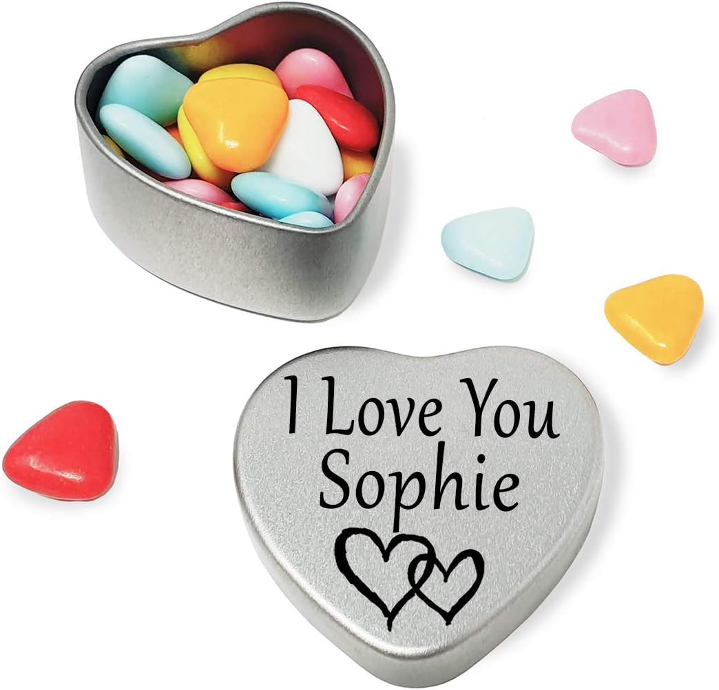I Love You Sophie Mini heart shaped silver gift tin filled with mini chocolates. Great as a birthday present or a gift to show someone special how much you love them