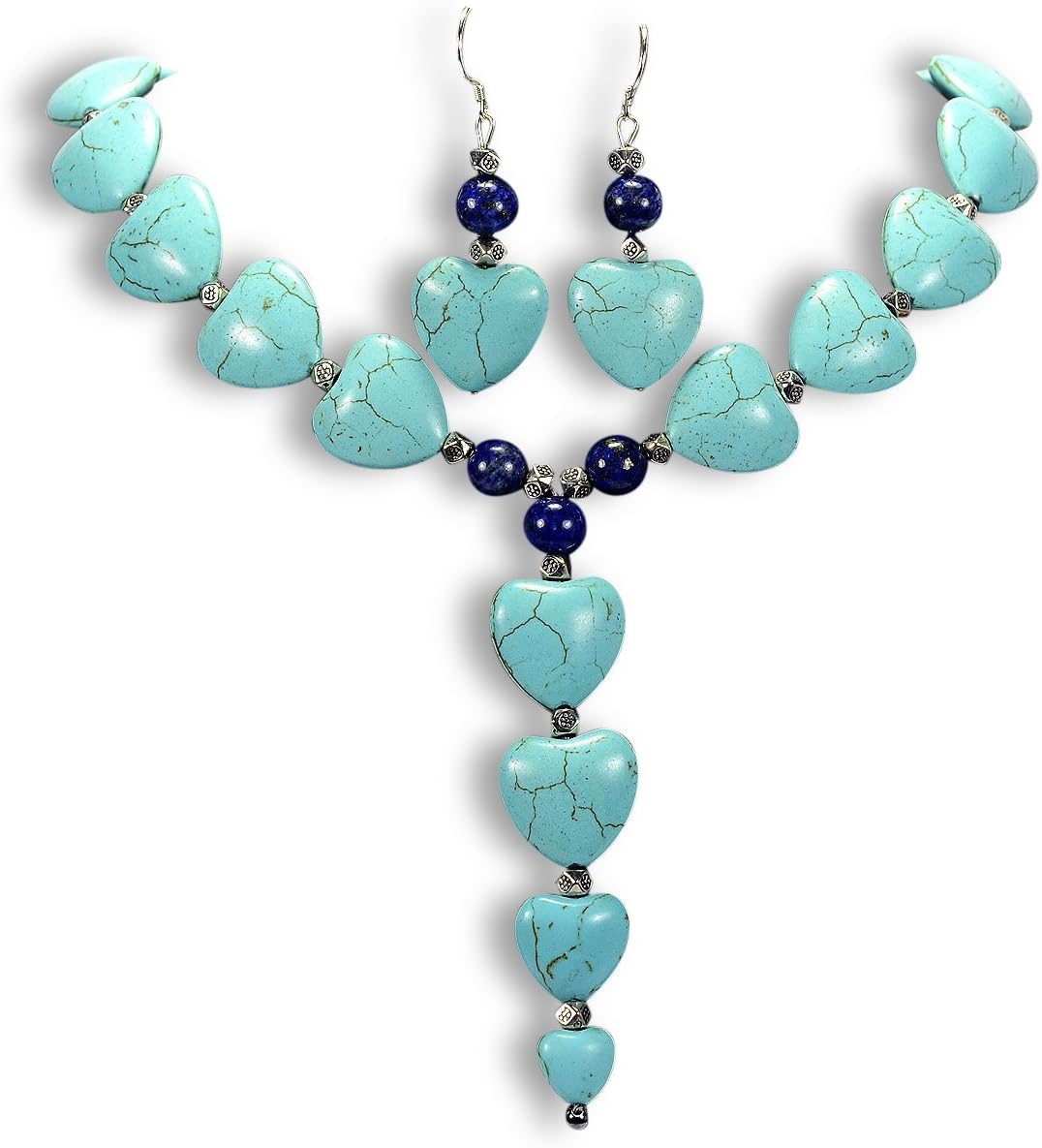 Vintage Turquoise Hearts & Lapis Lazuli Sterling Silver Necklace Earrings Set Gemstone Jewellery Tantric Tokyo
