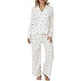MOBJVIY Womens 2 Piece Outfit Cotton Pajamas Pants Set Heart Print LongSleeve Button Shirt with Long Pants Loungewear