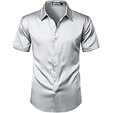 ZEROYAA Men's Hipster Shiny Silk Satin Shirt Regular Fit Short Sleeve Casual Button Down Dress Shirts for Summer Party