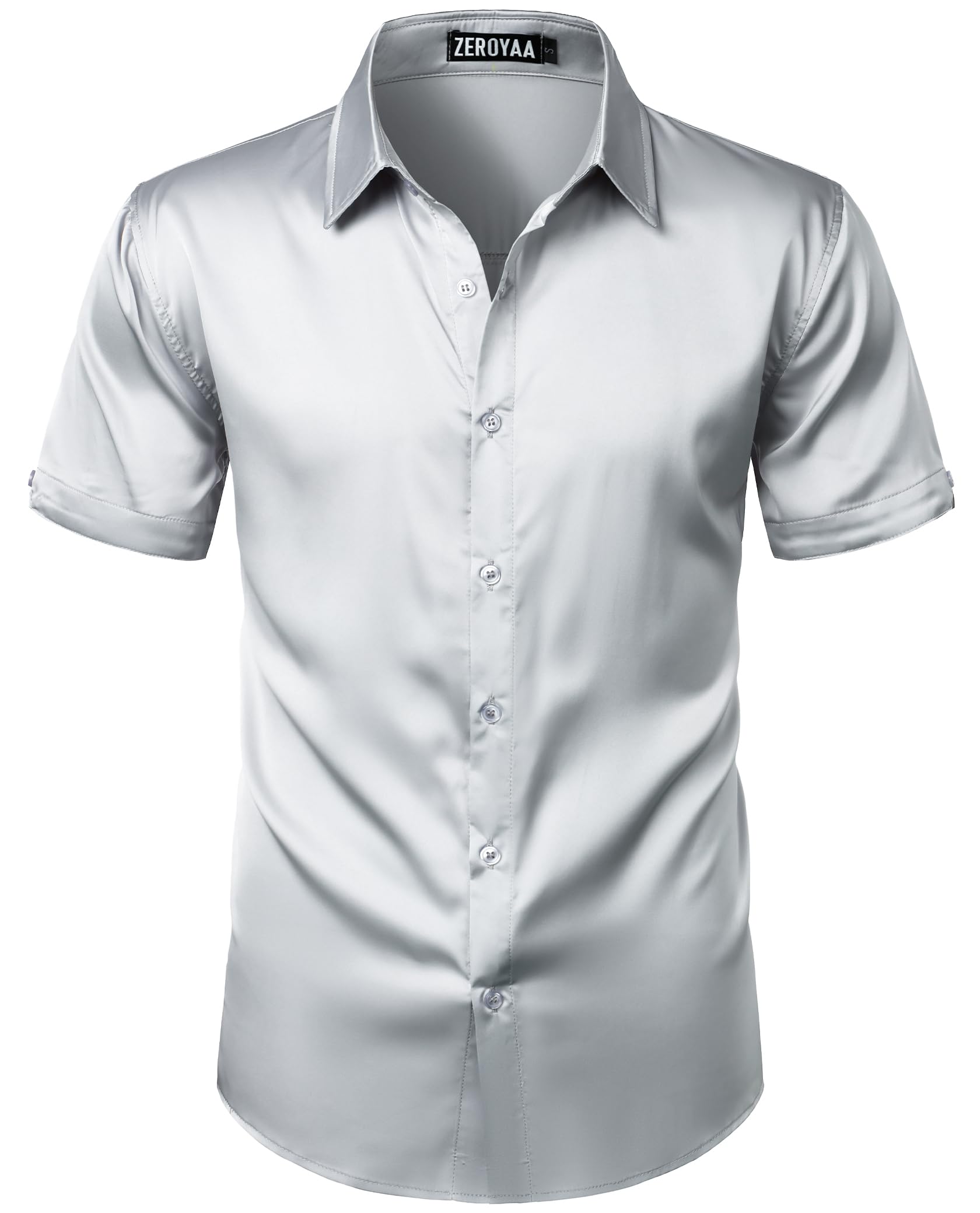 Photo 1 of (green) (Xl) ZEROYAA Men's Hipster Shiny Silk Satin Shirt Short Sleeve Casual Button Down Dress Shirts for Summer Party ZZCL77-Sliver X-Large