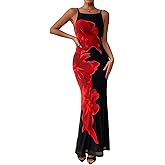 PRETTYGARDEN Womens Summer Dresses 2026 Elegant Spaghetti Straps Evening Gown Floral Print Bodycon Maxi Mesh Sundress