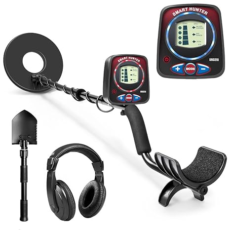 URCERI 1069 Detector de Metales de Alta Precisión, Impermeable, 2 Modos de Metal y Disco con Pantalla LCD y luz LED (Accesorios complementarios, Pala, ...