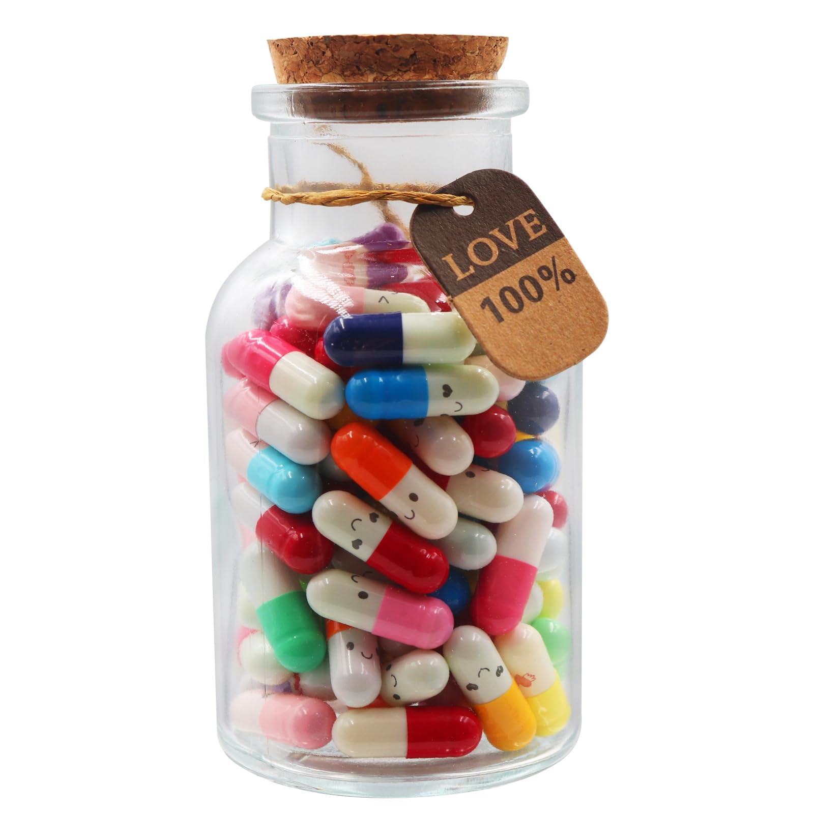 Mczcent Capsule Letters Message in a Glass Bottles, 100Pcs Cute Smiling Face Love Friendship Letter Color Pill with Wishing Bottle, Message Pills for Boys Girls Friends Family