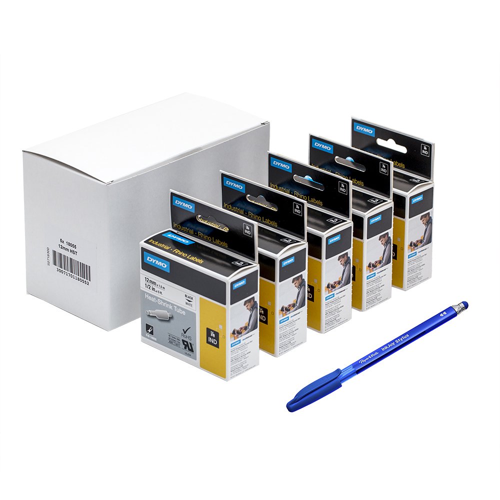 5x Dymo 18055 Rhino Heat-Shrink Cable Label Tubes, 12 mm x 1.5 m Cassette - Black Print on White +PaperMate Pen