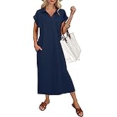 ANRABESS Womens Summer Casual Midi Dresses Short Sleeve Polo V Neck Loose Split Wrinkle-Free Beach Vacation Tshirt Maxi Dress