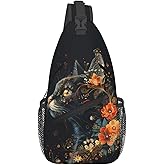 Krirteh Black Cat Sling Bag For Women Men Halloween Backpack Crossbody Cat with Flower Shoulder Bag Sling Backpack Chest Bag Travel Hiking Casual Sport Daypack