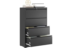 DARTIIA 4 Drawer Lateral File Cabinet with Lock, Metal Filing Cabinets for Home Office, Steel Storage Wide File Cabinet for Letter/Legal/F4/A4 Size with Hanging Bars, Require Assembly(Black)