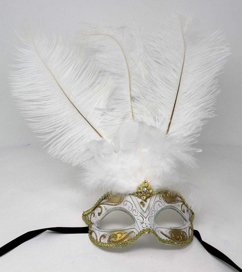 The Good Life WHITE & GOLD VENETIAN MASQUERADE PARTY EYE MASK WITH LONG FEATHERS