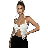 winkbay Women's Y2k Backless Halter Crop Top Lace Up Split Asymmetrical Party Rave Tops Night Out Outfit
