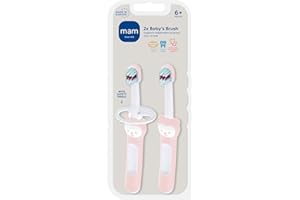 MAM Baby Toothbrushes (2 Baby's Brushes and 1 Safety Shield), Toothbrushes with Brushy The Bear Character, Interactive App, for Girls 6+ Months, Pink