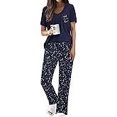 Ekouaer Pajama Sets for Women Short Sleeve Pj Set V Neck Sleepwear Chest Pocket with Long Pants Casual Loose Loungewear