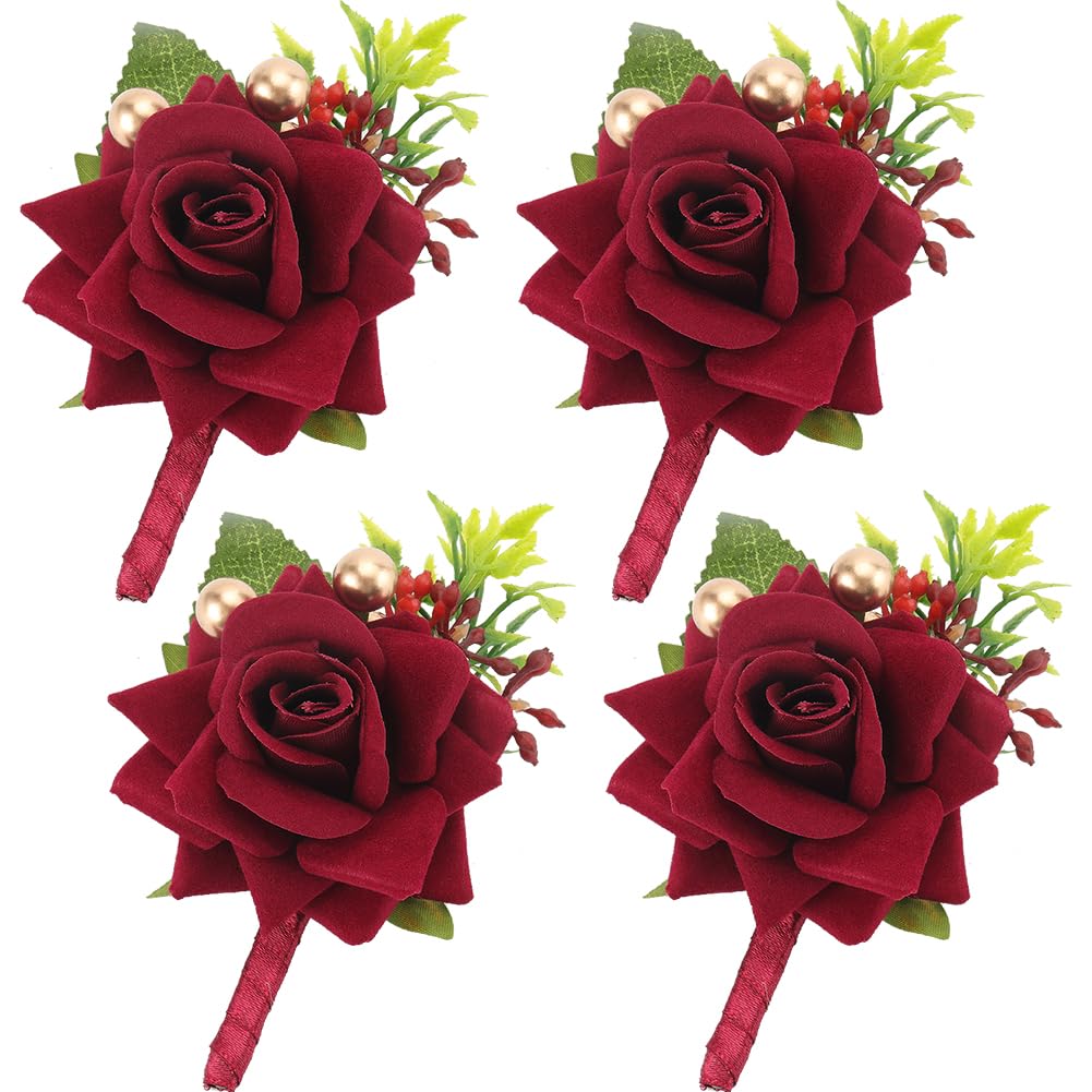 CRASPIRE 4Pcs Rose Corsage Dark Red Silk Plastic Imitation Flower with Green Leaf Corsage Boutonniere Brooch Set for Groomsmen Bride Bridegroom Bridesmaids Prom Rustic Vintage Wedding Decoration