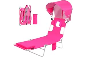 Minndudu Backpack Beach Tanning Chair with Sun Canopy Umbrella Face Hole, Folding Lounge Chair Reclining 6 Position for Adults Outside Reading Sunbathing Poolside Camping, UPF 50+ Sun Shade, Pink