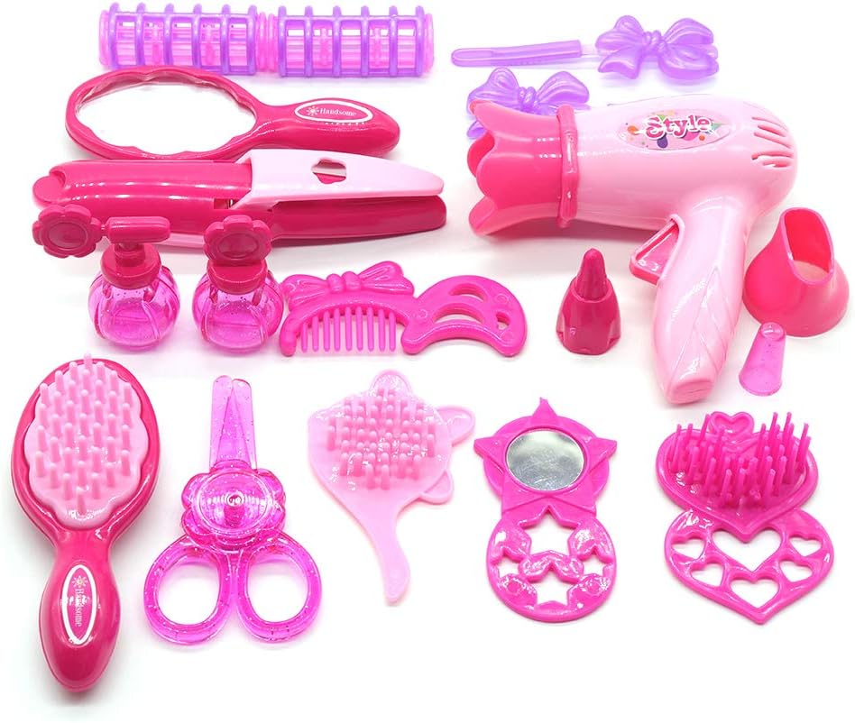 SAILYUN Girls Make Up Toy Kit,Girls Pretend Play Makeup Cosmetic Tools Set Hair Styling Toy Set Including Hair Dryer Comb Curler Scissors Mirror Kit