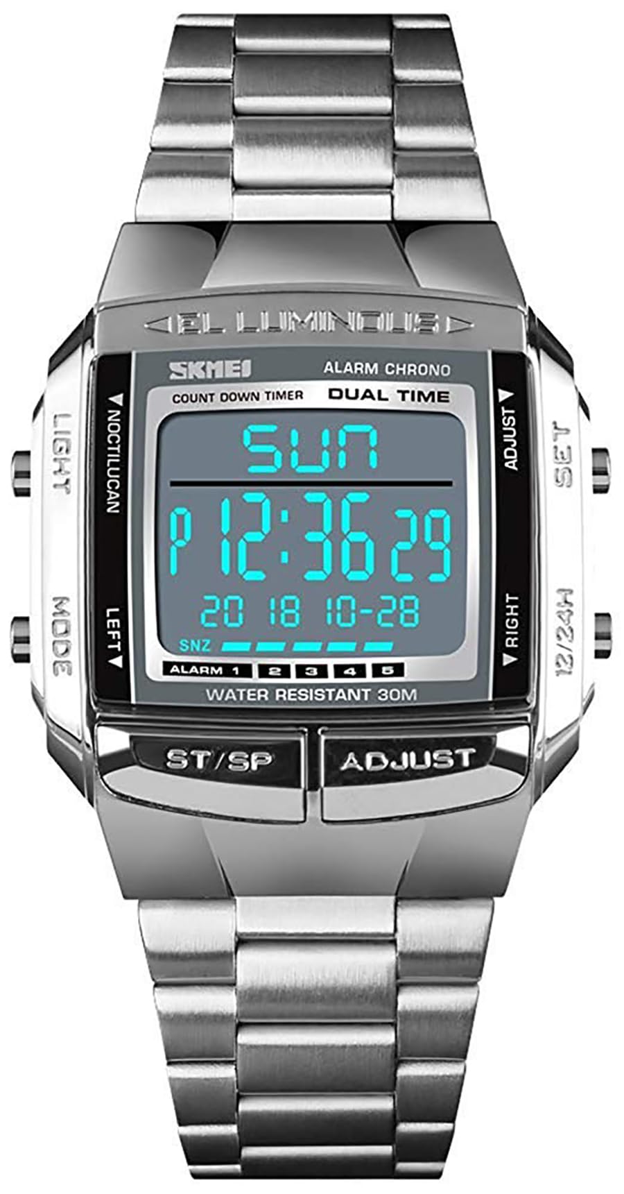 MASTOP Mens Digital Watch Sports Alarm Stopwatch Business Watches Square Waterproof Men's Wrist Watches, Silver, Chronograph,Digital,Quartz Movement