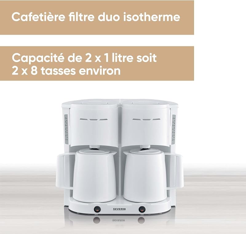 Cafetière Filtre Isotherme Duo, 2 X 1000 W, Jusqu'à 2L soit 16 tasses, 2 verseuses isothermes, 2 filtres pivotants, Blanc, KA 9314