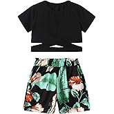 Jolyshlid Girls 2 Pieces Outfits Short Sleeve Crop Top Tee and High Waist Shorts Summer Set 4-12Y