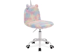 HNY Cute Unicorn Kids Desk Chair, Comfortable Fuzzy Small Desk Chair for Girls and Boys, Adjustable Swivel Chair with White Foot, Colorful