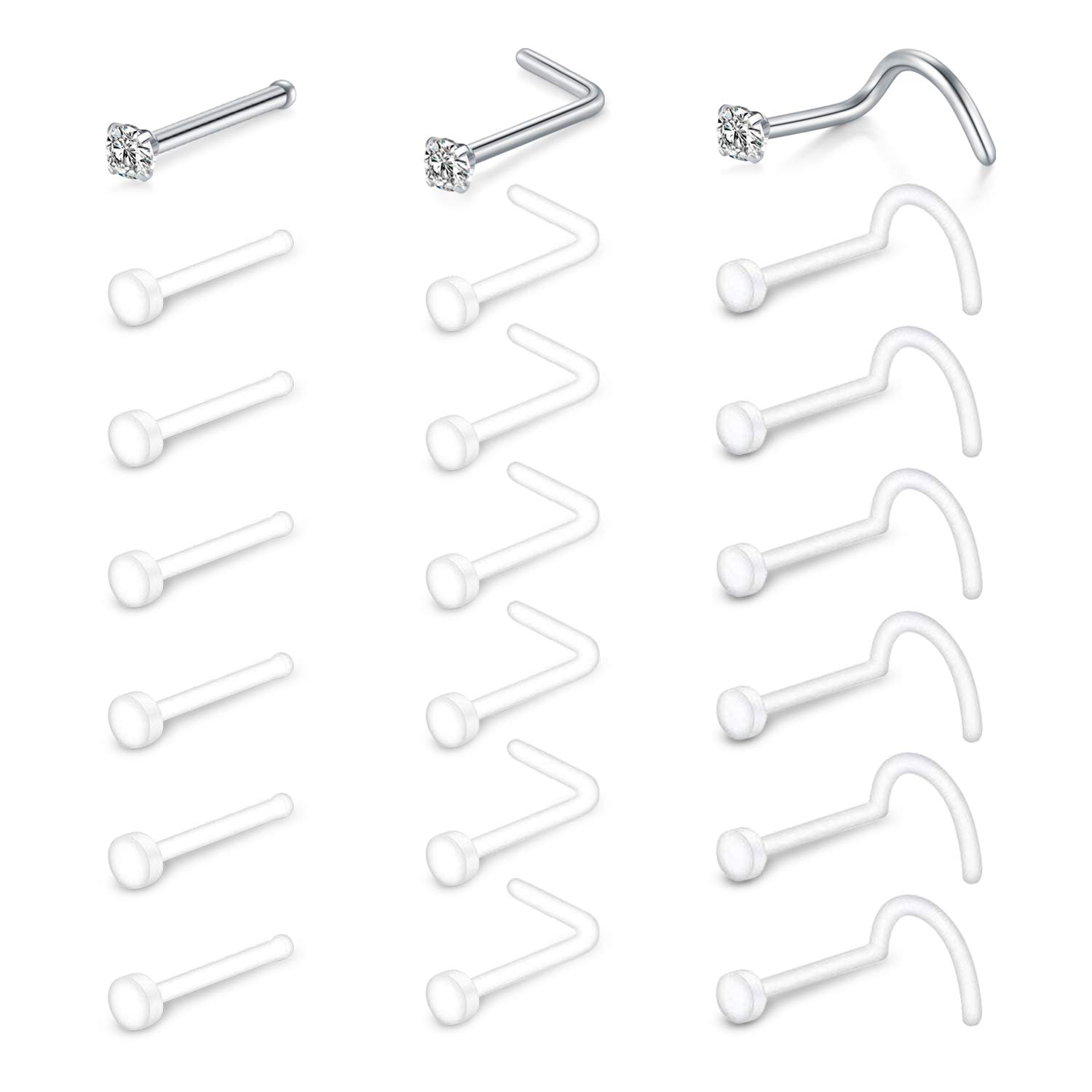 Mayhoop 21 Pcs Nose Rings Bioflex Studs Retainers 20G Clear Acrylic & Stainless Steel L & C shaped Nose Rings Bone Pin Nose Screw Studs Nose Piercing Body Jewelry for Men Women