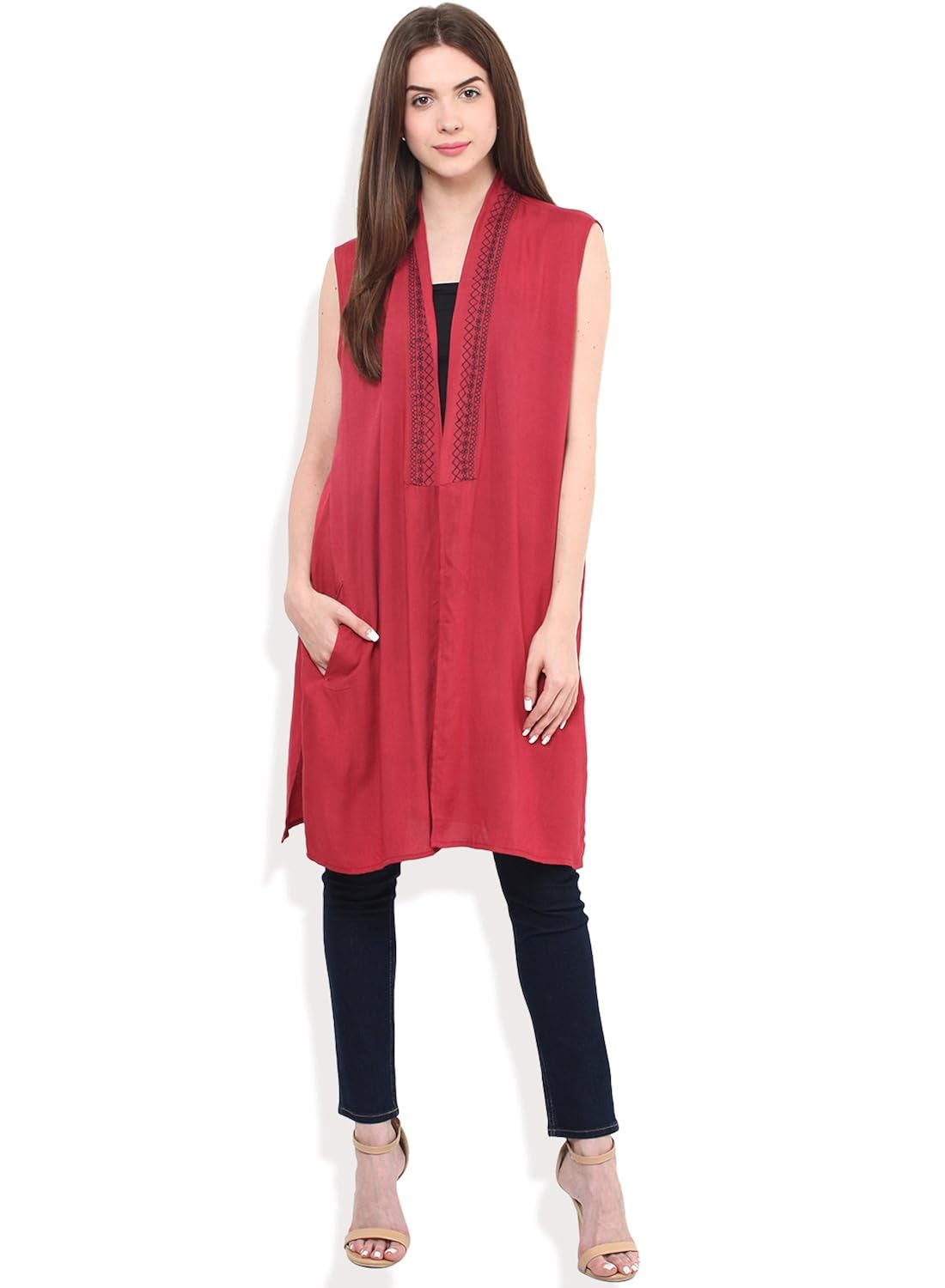 collar embroidered jacket with side pocket detail