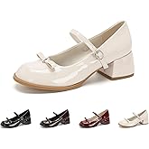 Women's Patent Leather Low Chunky Block Heel Mary Jane Pumps Fashion Classic Bowknots Round Toe Buckle Strap Work Pumps Casual Business Office Wedding Dress Shoes