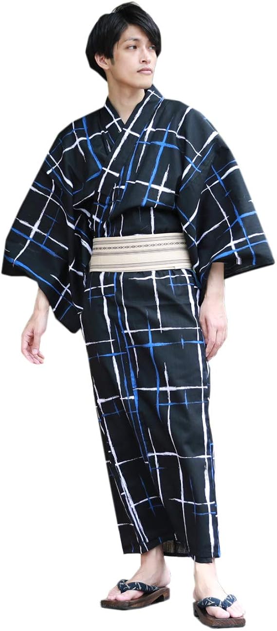 Amazon 浴衣 メンズ 男物高級綿浴衣3点セット 黒地に青 白の格子 男 男性 大人 大きいサイズ 浴衣 角帯 下駄 浴衣 通販