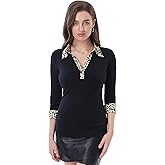 AmélieBoutik Women Stretchy Casual Leopard Cheetah Print 3/4 Sleeve Slim Fit Polo Shirt