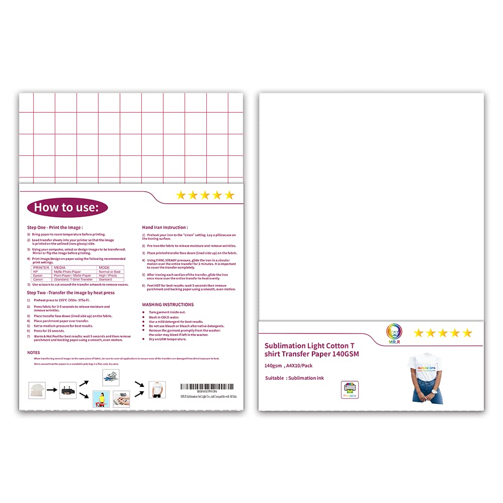 MR.R Sublimation Ink Light Color Cotton T-Shirt Heat Transfer Press Paper Sublijet Vinyl 140gsm for All White Light Cotton Material Compatible with All Inks