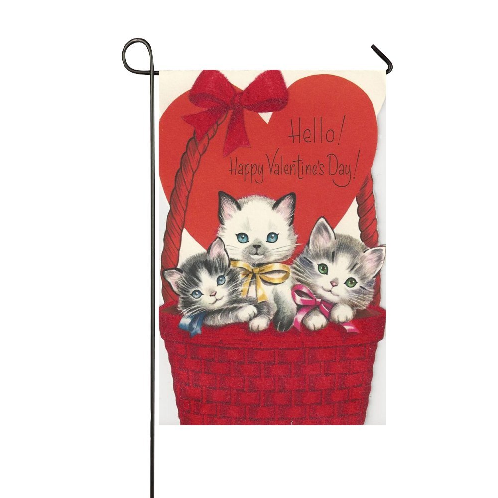 Rossne G sun Hello Happy Valentine's Day Cats Sit In The Red Basket Garden Flag House Flag Decoration Double Sided Flag 12.5 x 18 Inch