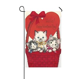 Rossne G sun Hello Happy Valentine's Day Cats Sit In The Red Basket Garden Flag House Flag Decoration Double Sided Flag 12.5 x 18 Inch