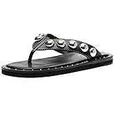 Riekhany Studded Thong Sandals for Women Round Clip Toe Slip On Flip Flops Slides Comfortable Contrast Tacked Slipper Shoes