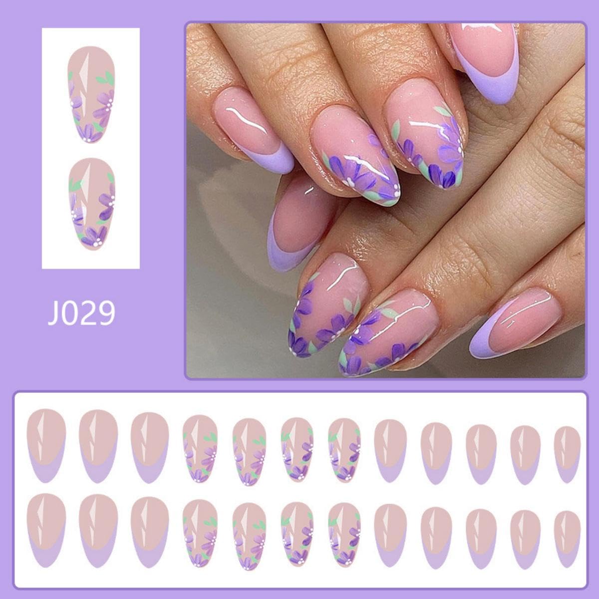 Purple French tips Press on Nails Medium Almond Fake Nails with Design Lilac Flower Glue on Nails Glossy Spring Nails Reusable Summer False Nails for Women Girls Manicure 24pcs - Image 2
