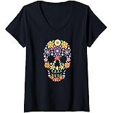Womens FLORAL SUGAR SKULL Flower Calavera Calaveras Skulls Meme V-Neck T-Shirt