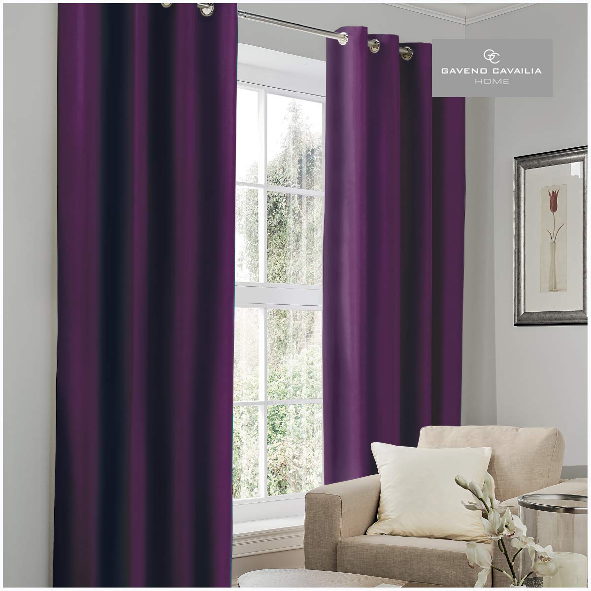 Gaveno Cavailia Luxury Thermal Fully Lined Pair of Eyelet BLACK OUT CURTAINS Aubergine 66x54 In