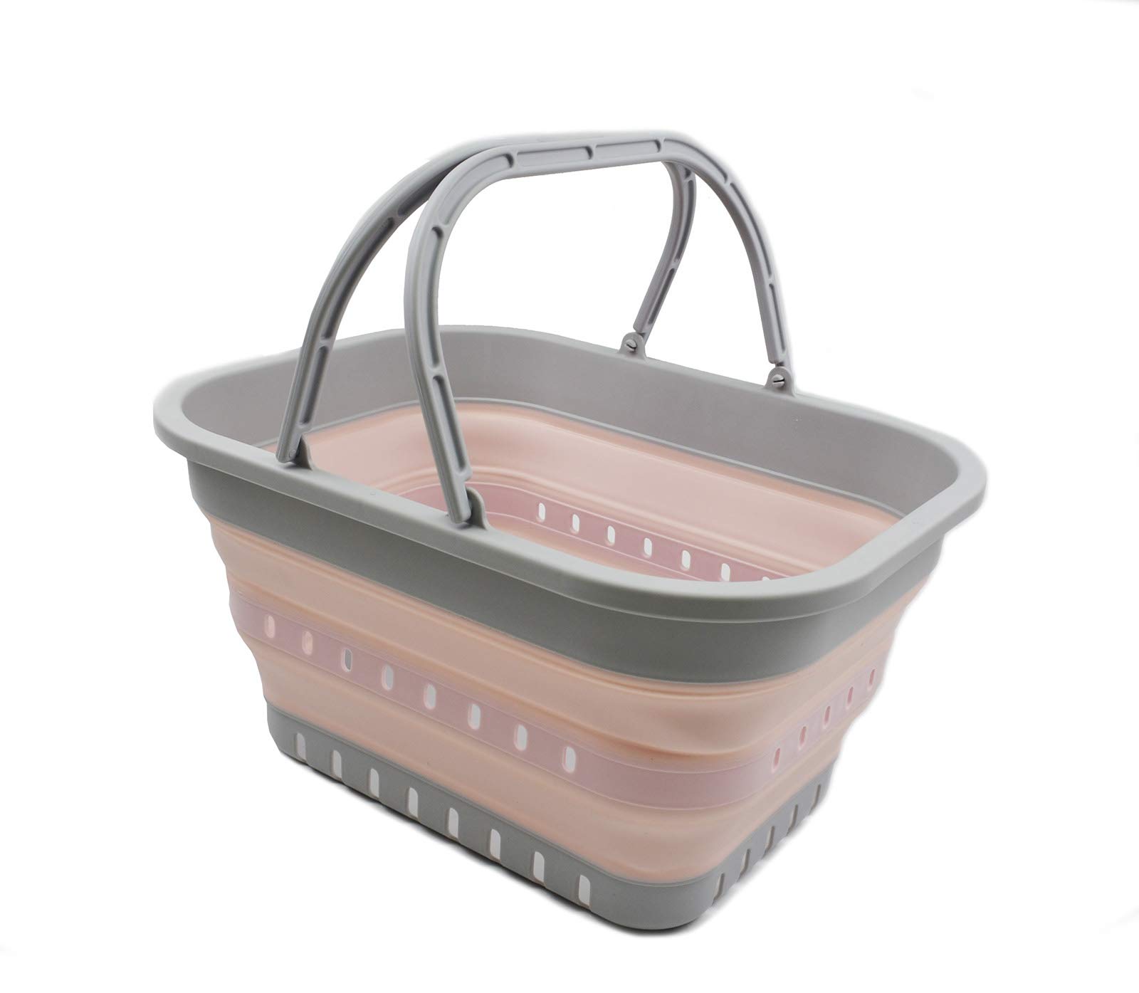 SAMMART 19L Collapsible Tub with Handle - Portable Outdoor Picnic Basket/Crater - Foldable Shopping Bag - Space Saving Storage Basket (Grey/Pink)