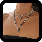 IRCOMULTI Key Lock Layered Pendant Necklace Gold Lariat Choker Necklace Punk Paperclip Lock Necklaces Chunky Key Locks Chain Necklaces Jewelry for Women