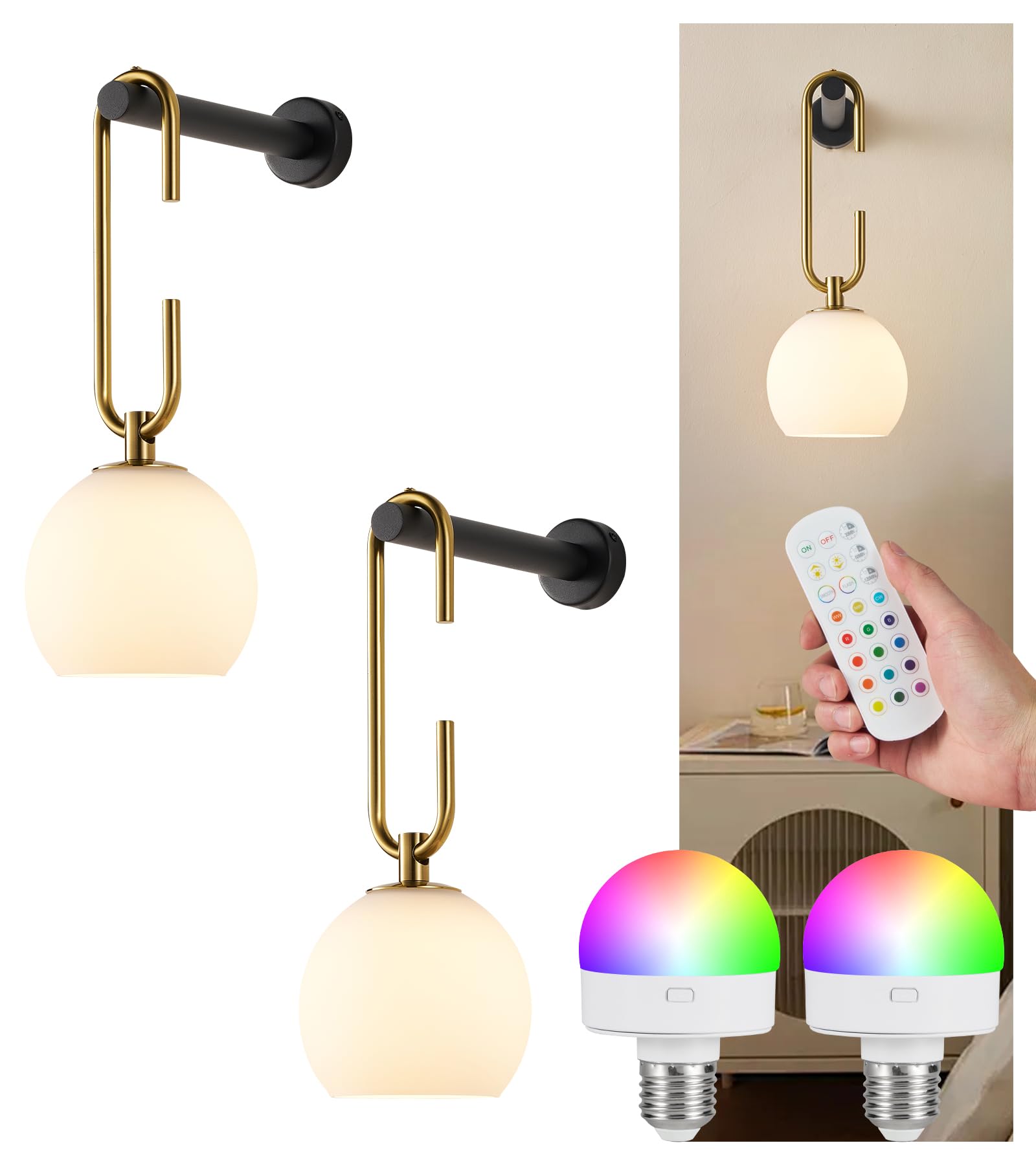 Photo 1 of Qiandenghui Wireless Wall Sconces Set of 2, Battery Operated Wall Light with Remote, Indoor Wall Lights with Frosted Shade & Dimmable 12RGB Colors Light Bulbs for Bedroom Living Room Hallway(Mix)