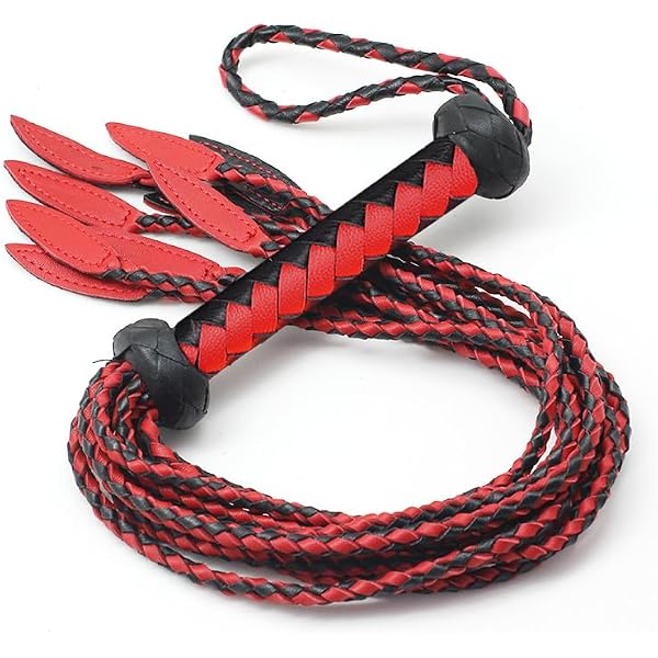 Handwoven Genuine Leather Cat-O'-Nine-Tails Whip – 60cm Total, Red & Black, For Equestrian Training & Collecting