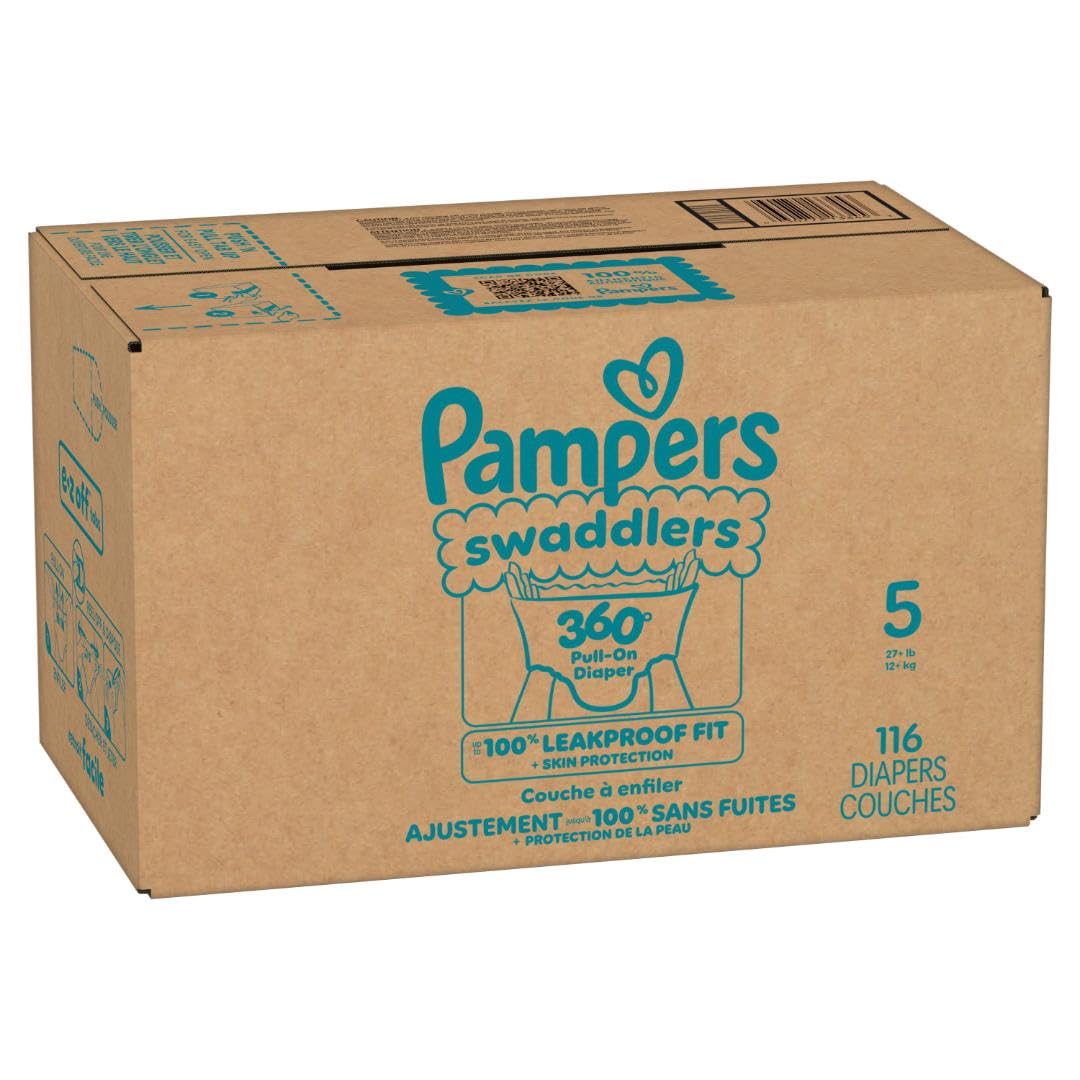 Pampers Diapers - Swaddlers 360° - Size 5, 116 Count, up to 100% Leakproof Comfy Dry Fit, Designed for Easy Changes, Pull On Baby Diaper (Packaging May Vary)