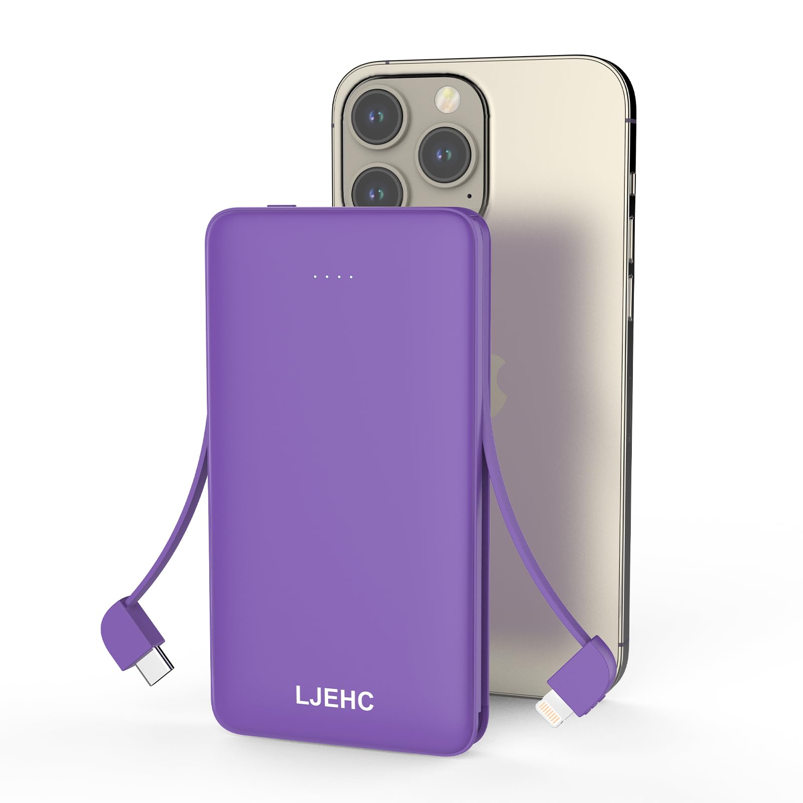 Photo 1 of 10000mAh Slim Power Bank with Built in Cable,Thin Lightweight Portable Phone Charger,4 Output USB C Travel Essentials External Battery Pack Clutch Charger for iPhone,Samsung,Android,Heated Vest,Purple