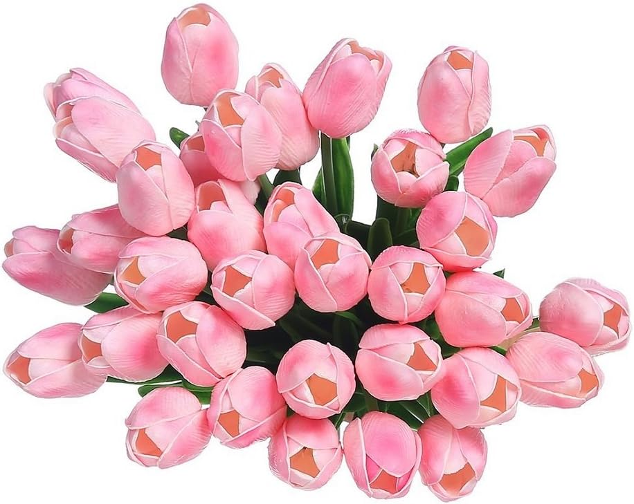 KayMayn 20pcs Artificial Tulip Flower Fake Flowers Bouquet Silk Tulip Real Touch,for Wedding Bouquet Decor or Home Room or Birthday Garden Party Floral Decor(Pink 20pcs)