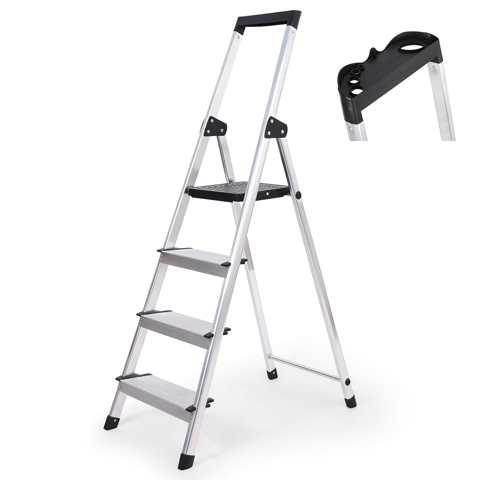 Sekey Aluminium Trittleiter 4 Stufen (140 cm), Klappbar, mit Werkzeugablage, rutschfest, bis 150 kg Belastbar, TÜV EN131-2, für Haushalt, Garage & Garten