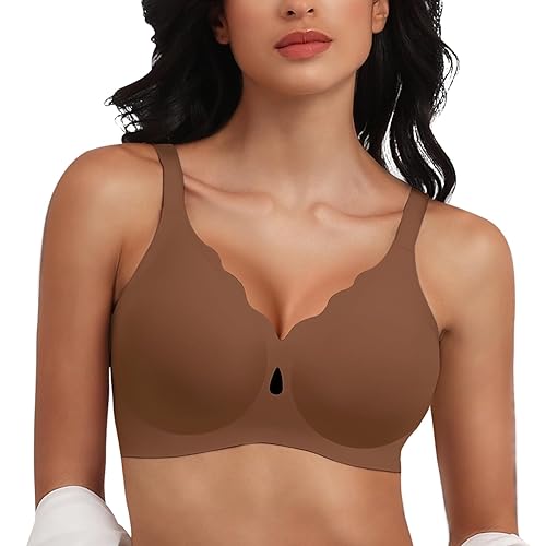 Rolral Women's Wireless Bra Full Coverage Support | Comfort Seamless T-Shirt Bra No Underwire with Lift - Wire Free Full Support for Everyday Wear Coffee L