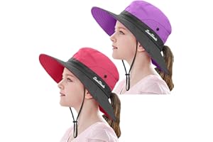 LCZTN 2 Pieces 5-14Y Kids Summer Sun Hat Wide Brim UV Protection for Girls Ponytail Beach Bucket Cap