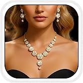 Aukmla Pearl Bridal Wedding Jewelry Set Sparkly Rhinestones Weddding Necklace Earrings Sets Prom Jewerly for Women