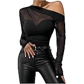 GORGLITTER Women's Gothic Asymmetrical Neck One Shoulder Mesh Patchwork Tops Y2K Long Sleeve Rave Festival Shirt Top